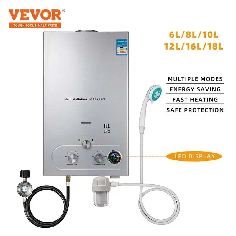 LPG Durchlauferhitzer - 6L/8L/10L/12L/16L/18L Gasdurchlauferhitzer - Edelstahl Tankless Wassererhitzer für Zuhause, Camping & Outdoor-Nutzung